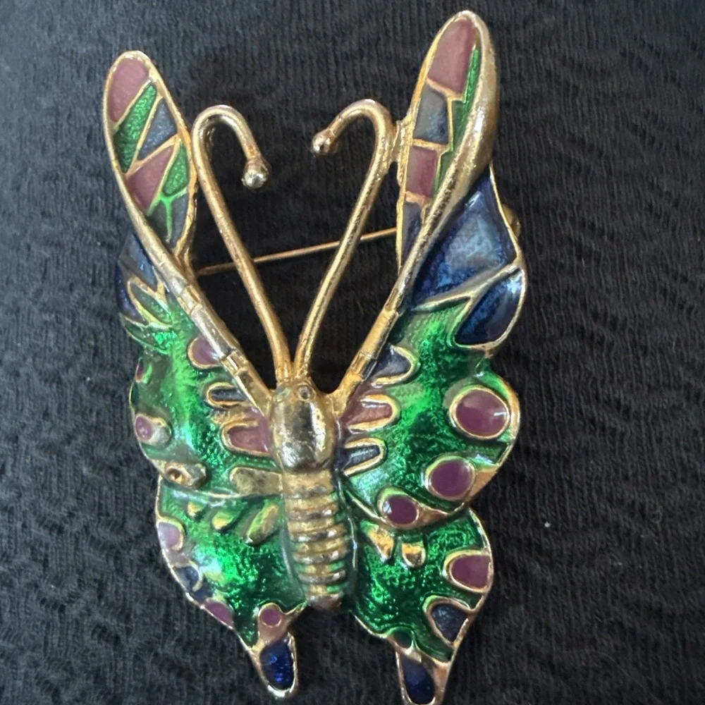 Green Enamel Butterfly Brooch Pin